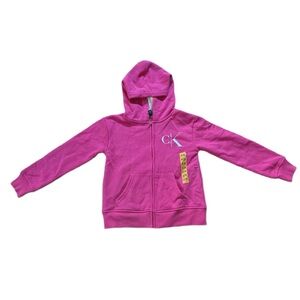Pink Calvin Klein zip-up hoodie with CK logo, front